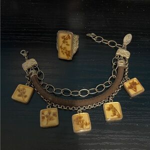 Shari Dixon bracelet & ring set pressed flowers leather silver tone artisan boho